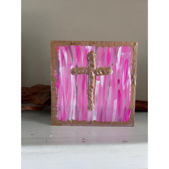 Gold Cross Wood Painting Hand Painted 5x5 Block White Raised Cross Pink Style - Picture 9 of 9